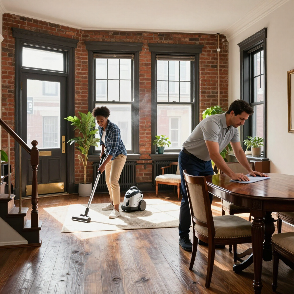 Two people cleaning a sunlit brick apartment, one vacuuming and one wiping a table