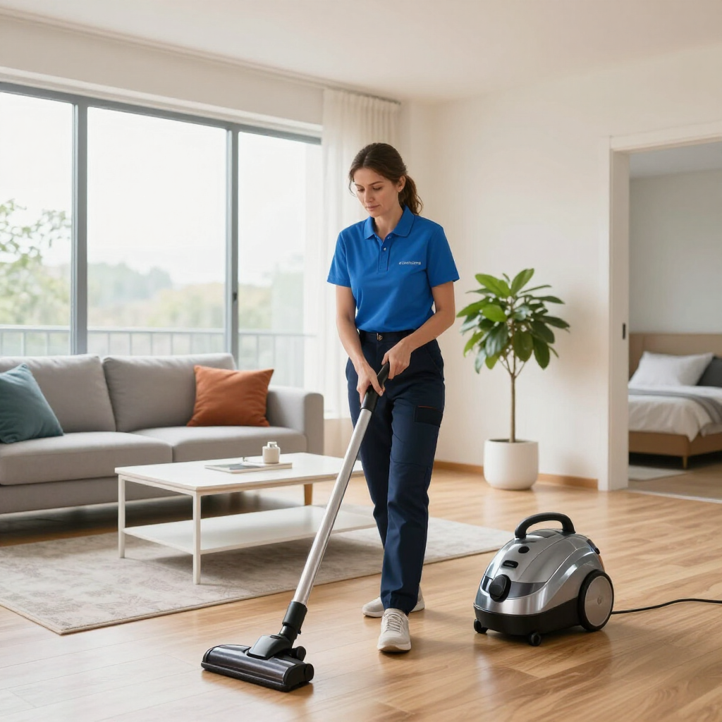 Woman vacuuming a bright living room beside a canister vacuum cleaner