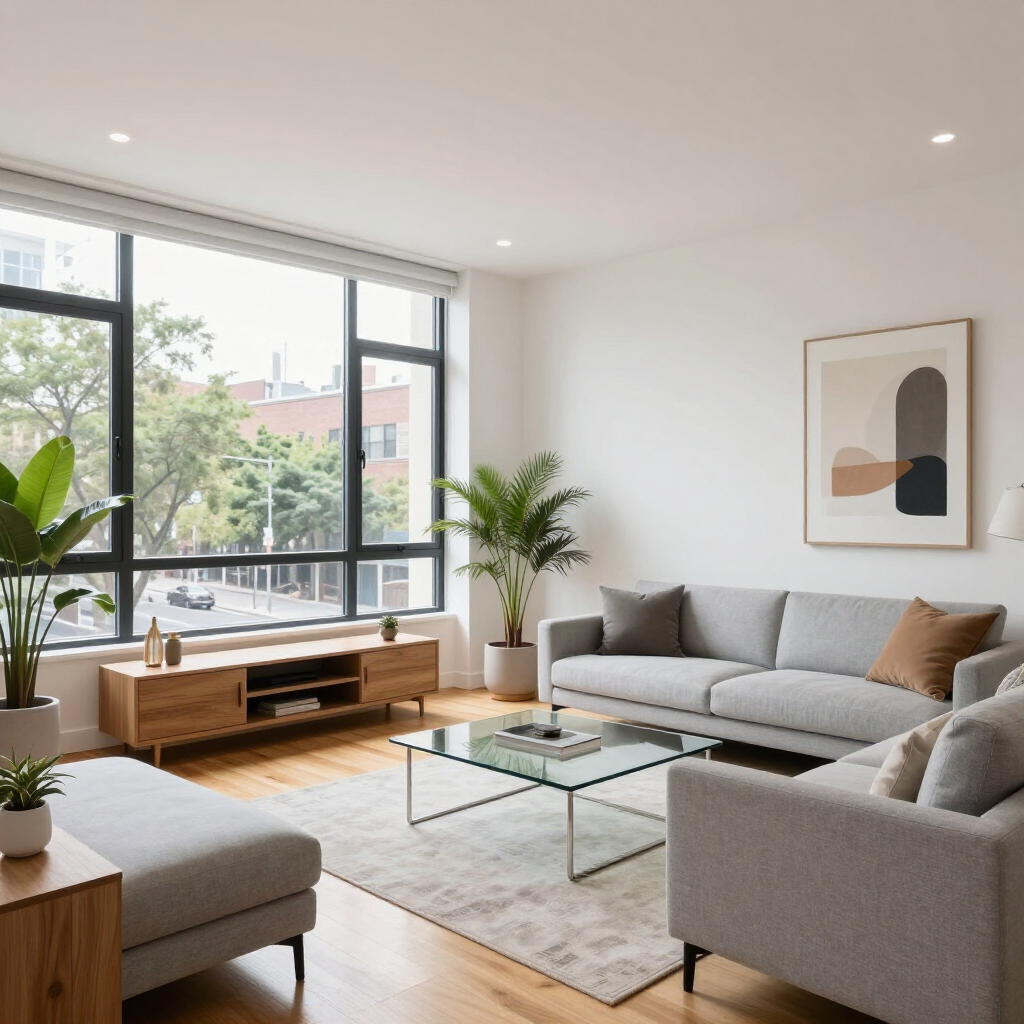 Bright modern living room with gray sofa, wooden TV console, plants, and large windows.