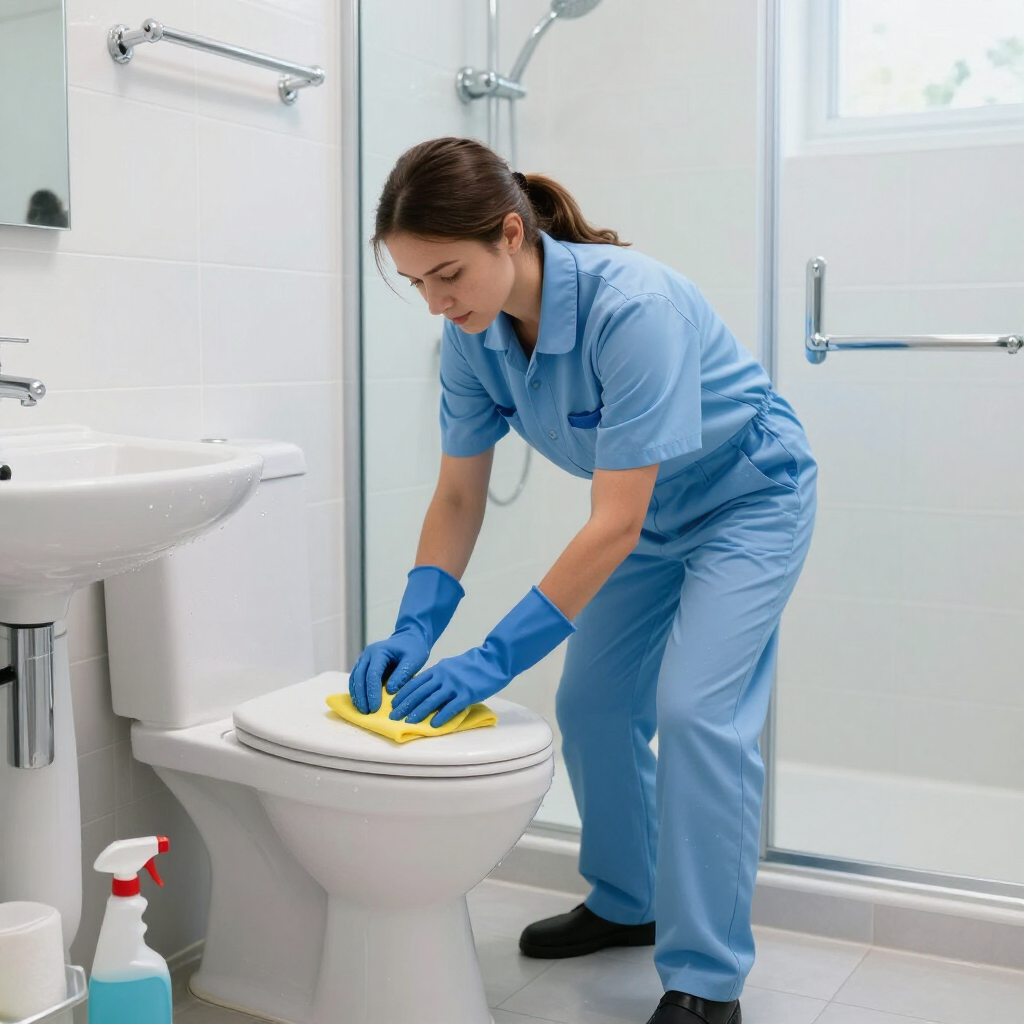 Cleaner wiping a toilet seat in a bright bathroom with a spray bottle nearby