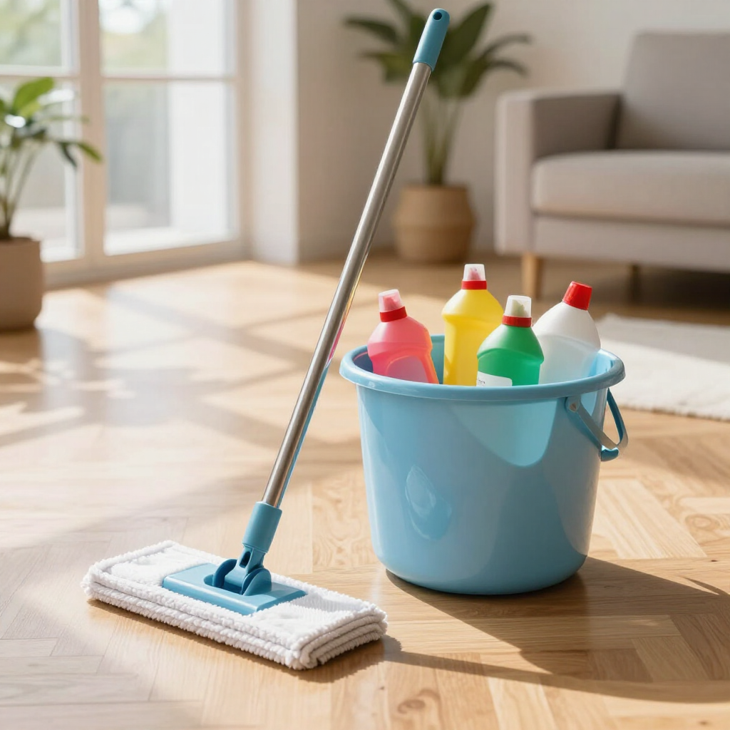 Mop and bucket with colorful cleaning bottles on a sunlit wooden floor
