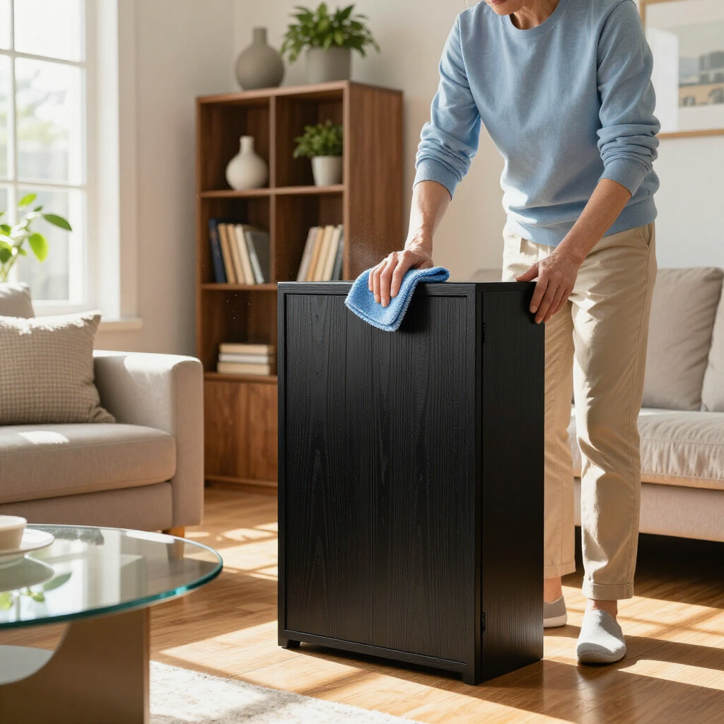 Person cleaning a black cabinet with a blue cloth in a bright living room