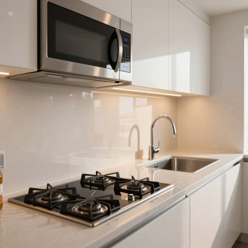 Modern white kitchen with gas cooktop, microwave, sink, and under-cabinet lighting