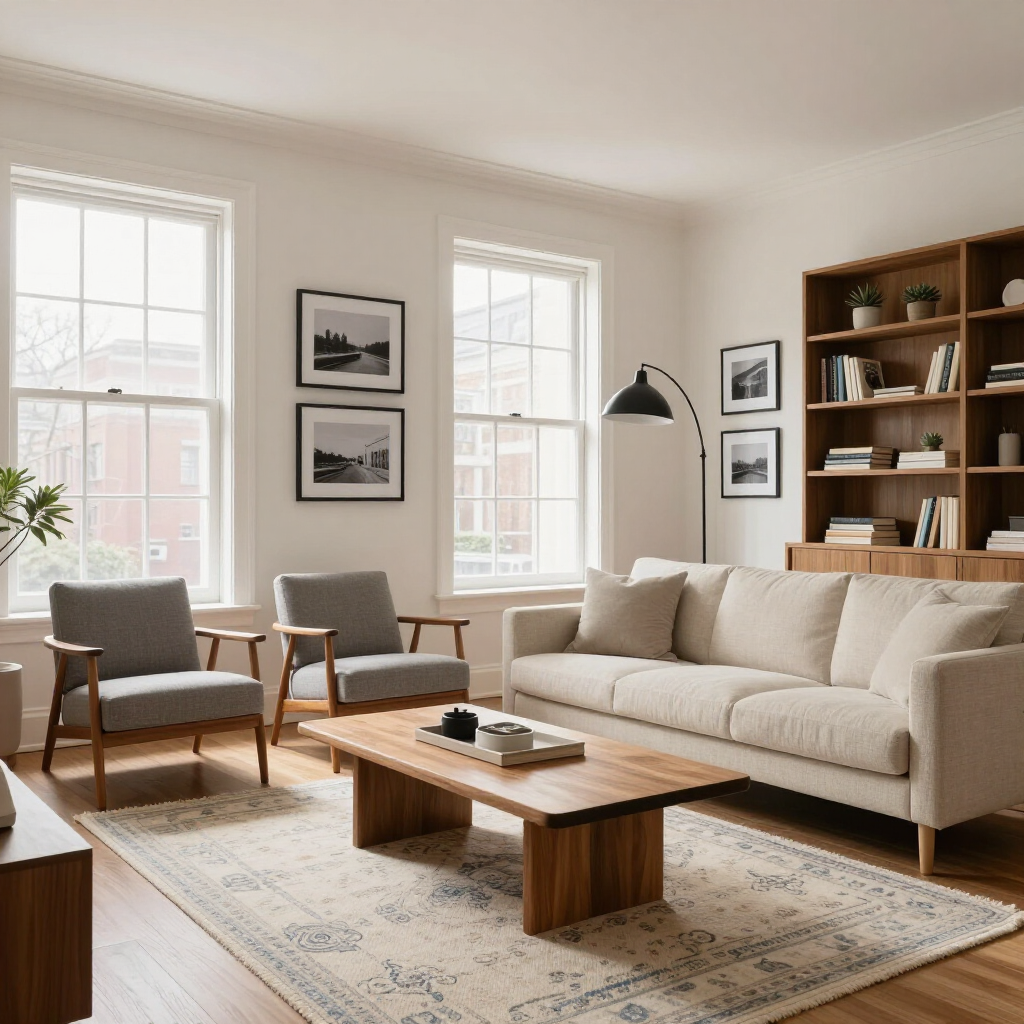 Bright living room with cream sofa, wooden coffee table, armchairs, bookshelves, and large windows.