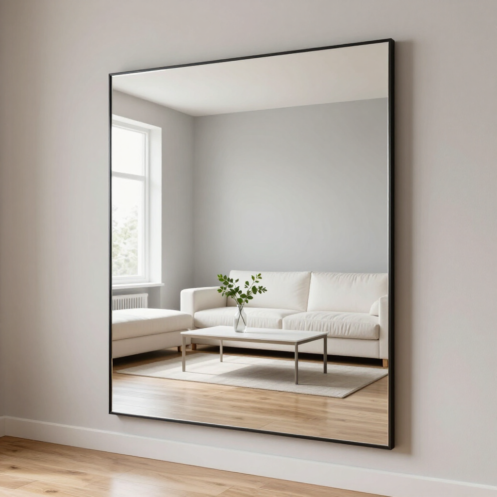 Modern living room reflected in a large wall mirror, with a white sofa, window light, and a vase on the table