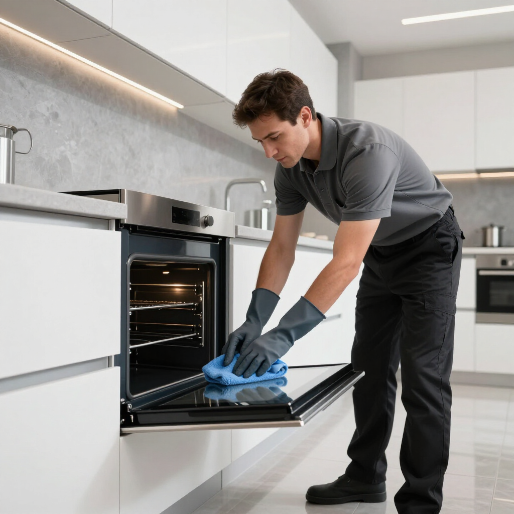 Person in black gloves cleaning a built-in oven in a modern kitchen