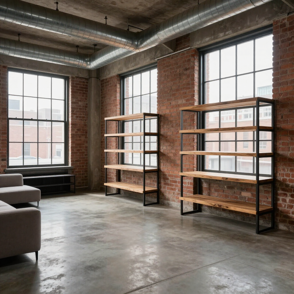 Empty industrial loft with brick walls, large windows, concrete floor, and two metal shelving units