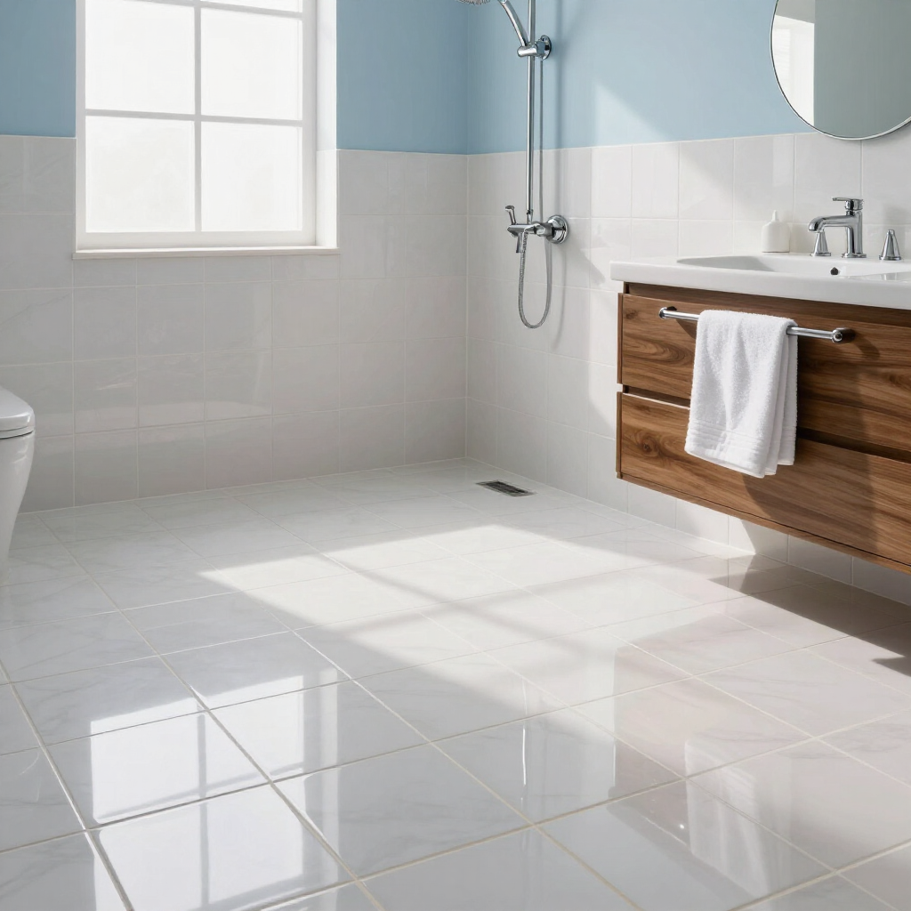 Bright modern bathroom with white tile floor, wood vanity, shower, and sunlight from window
