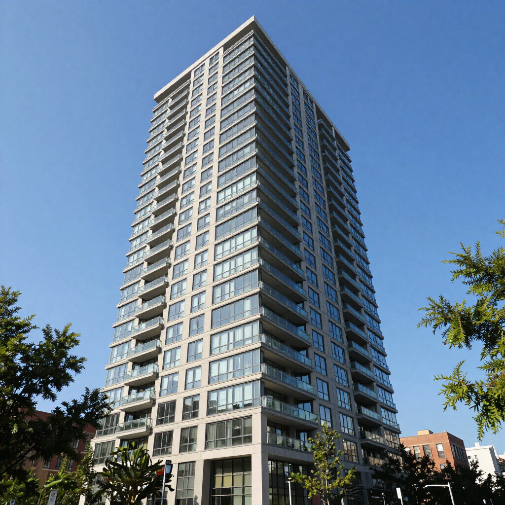 Tall modern glass apartment tower against a blue sky, framed by trees