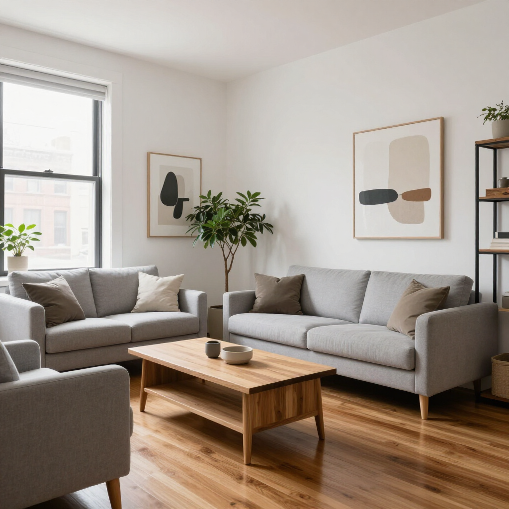 Bright modern living room with gray sofas, wood coffee table, and large windows