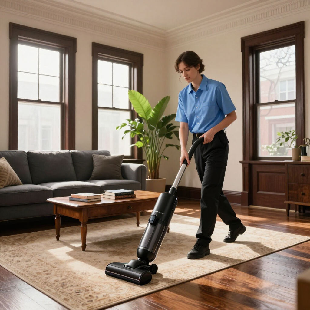 Person vacuuming a rug in a bright living room with a sofa, coffee table, and large windows
