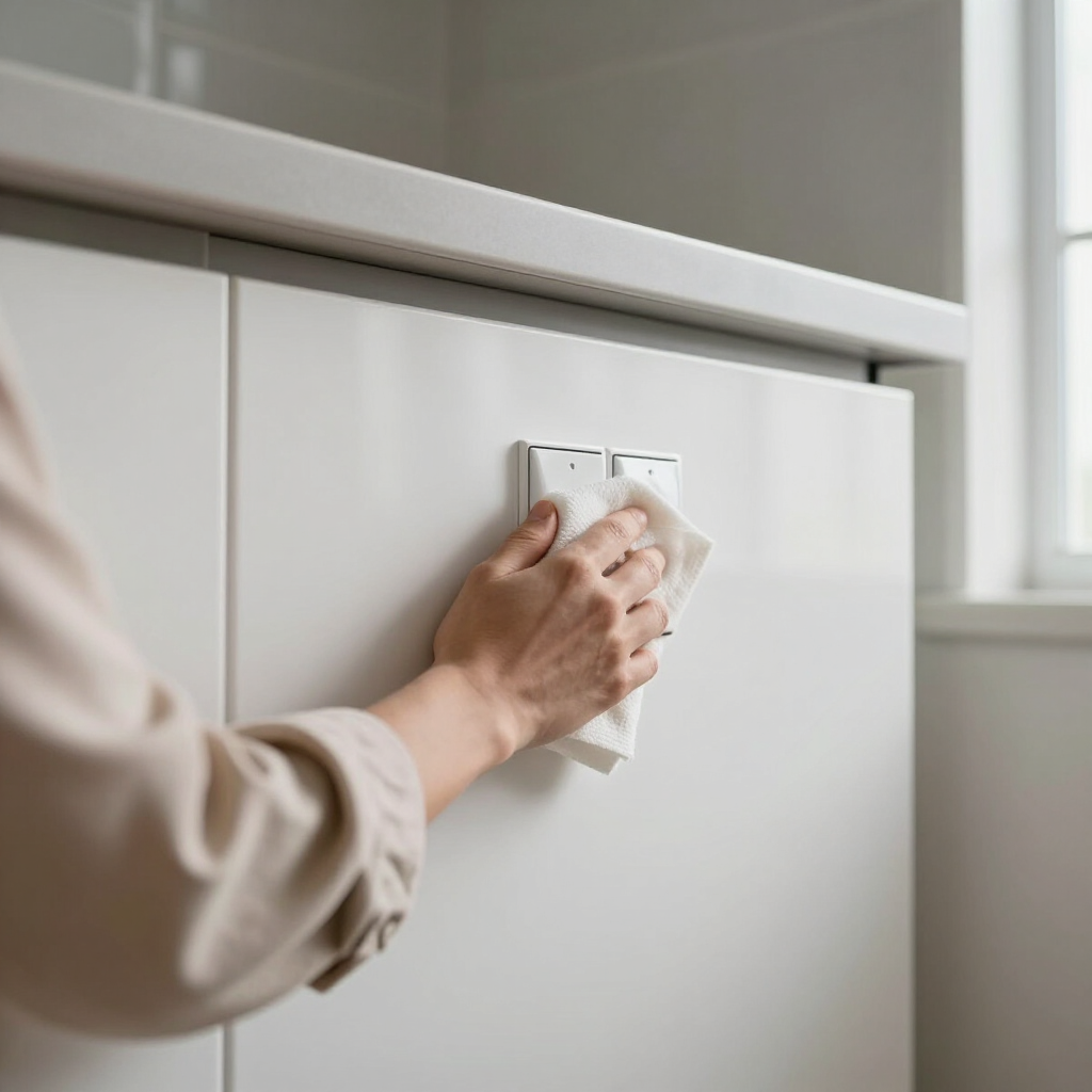 Hand wiping a white cabinet door with a cloth in a bright kitchen.