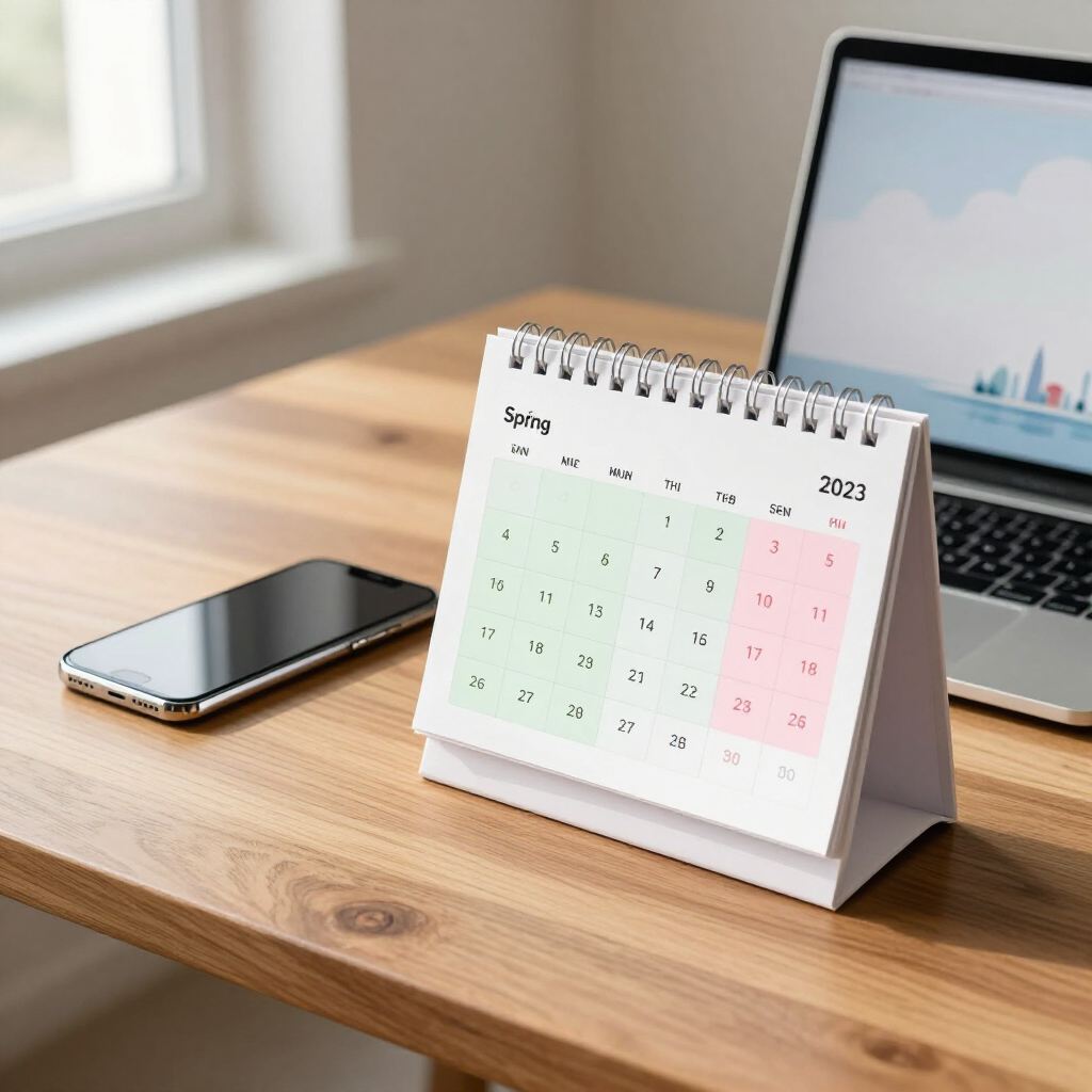 Desk calendar, smartphone, and laptop on a wooden table by a window.