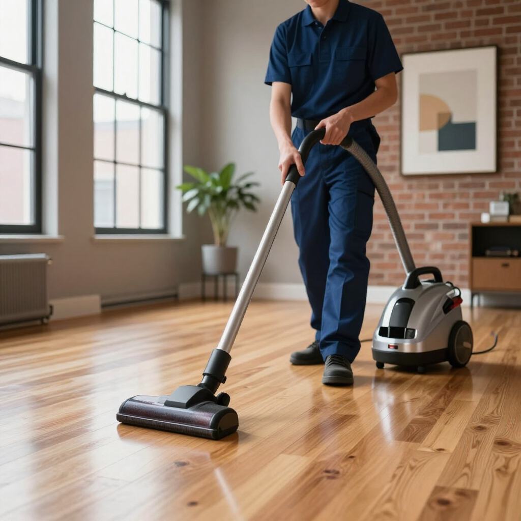 Person vacuuming a sunlit wooden floor in a modern room with brick wall and large windows