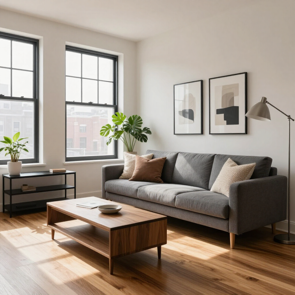 Modern living room with gray sofa, wooden coffee table, large windows, and framed wall art