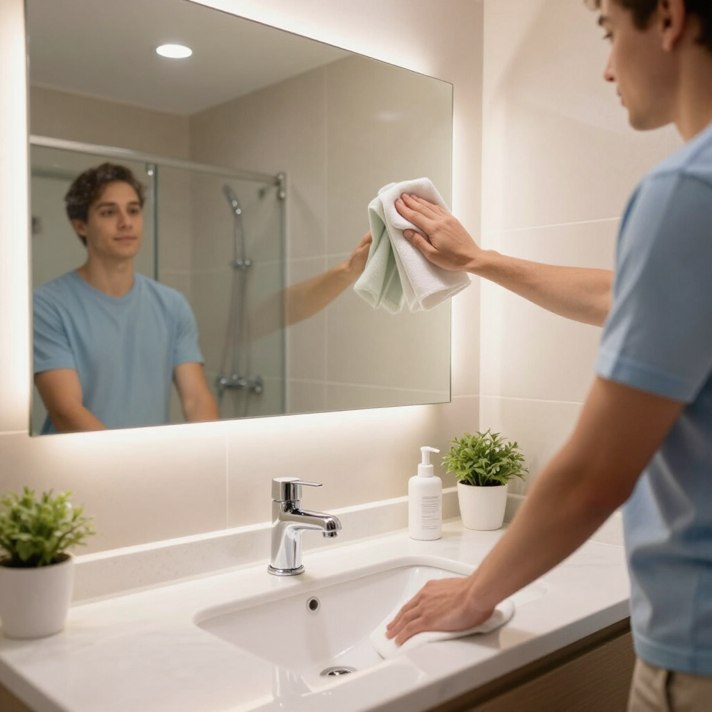 Man wiping a bathroom mirror while cleaning the sink with a white cloth.
