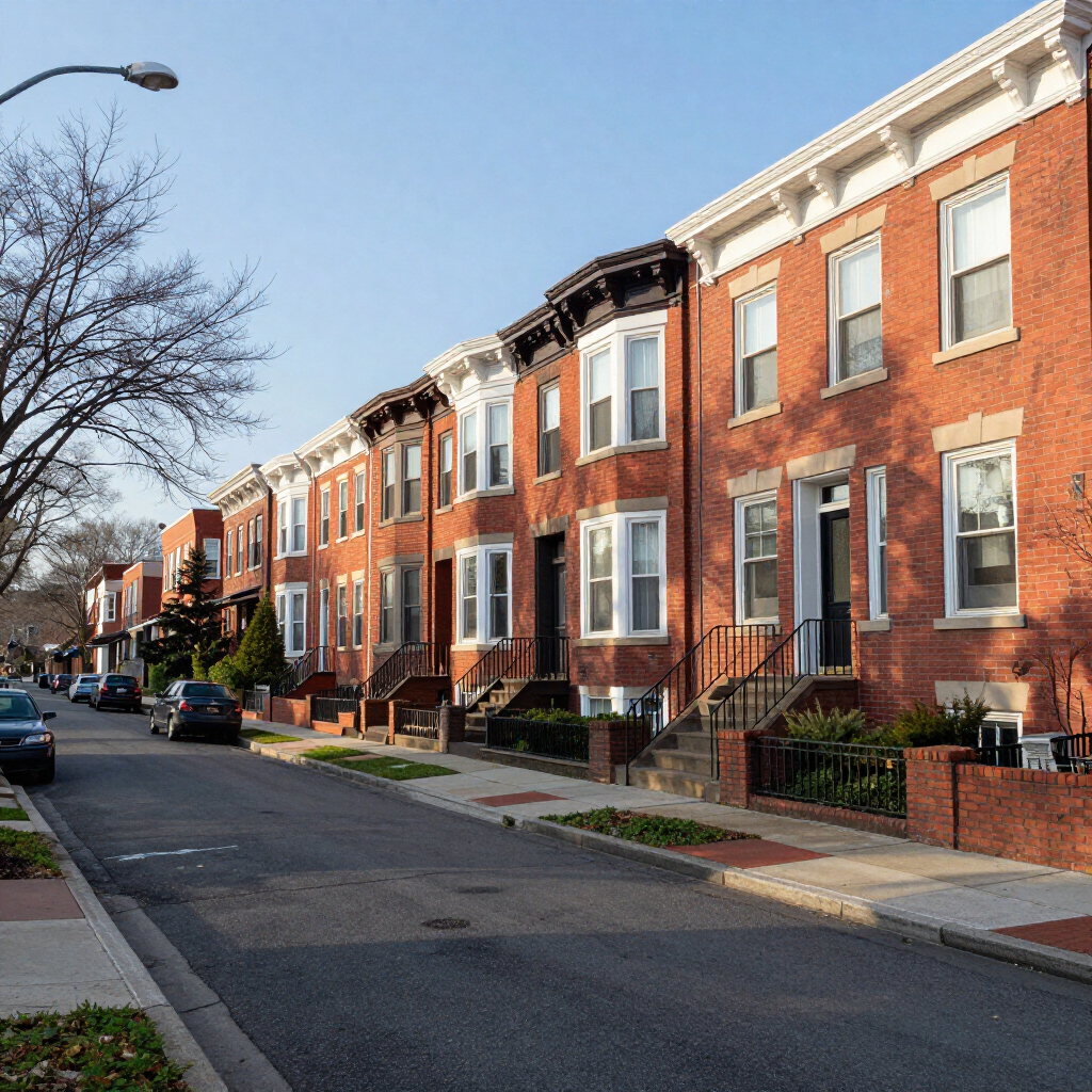 Sunlit brick row houses lining a quiet residential street with parked cars and bare trees