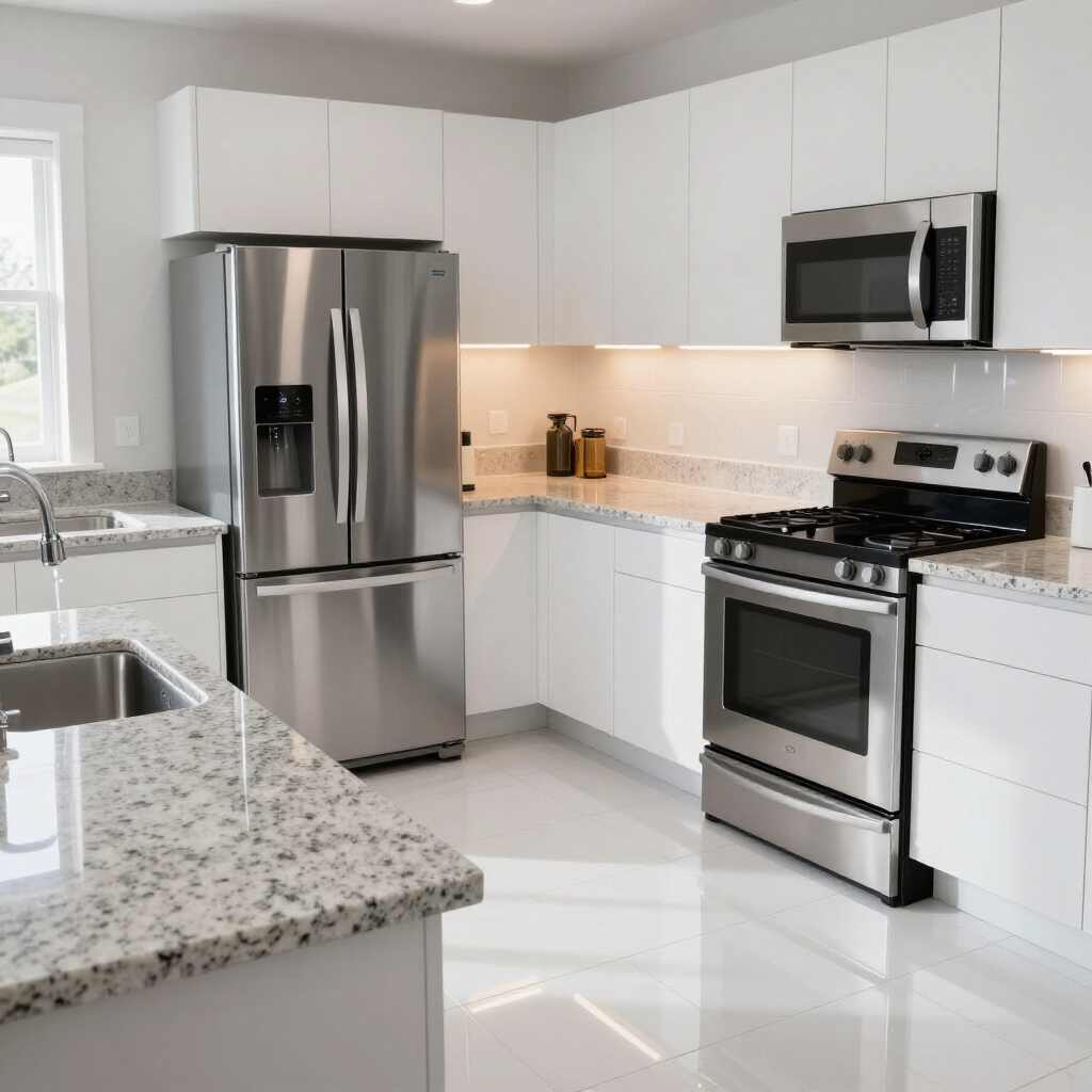 Bright modern kitchen with stainless steel appliances, white cabinets, and granite countertops