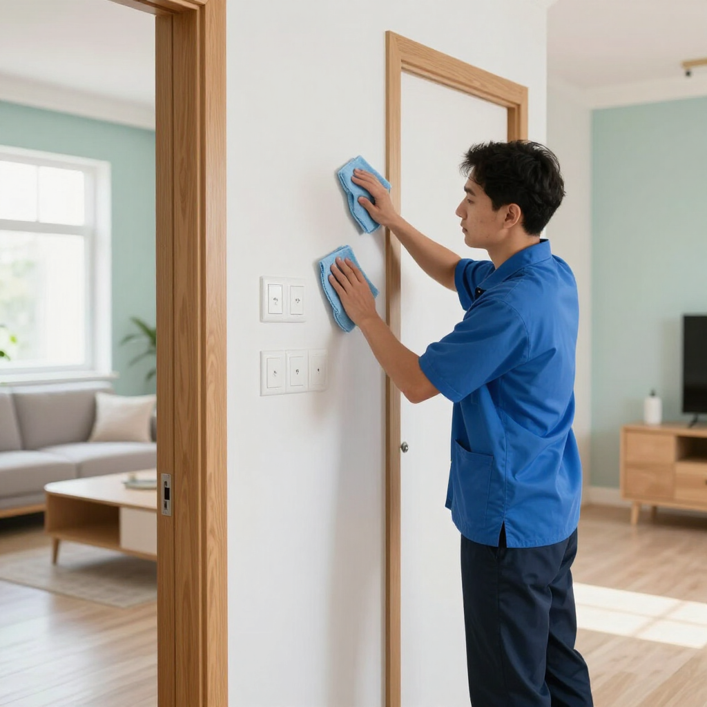 Worker cleaning a white wall with blue cloths in a bright home hallway