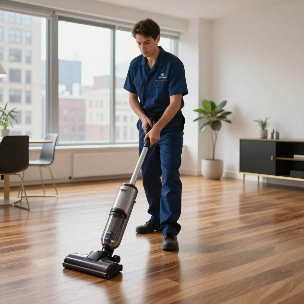 Worker vacuuming a hardwood floor in a bright modern room