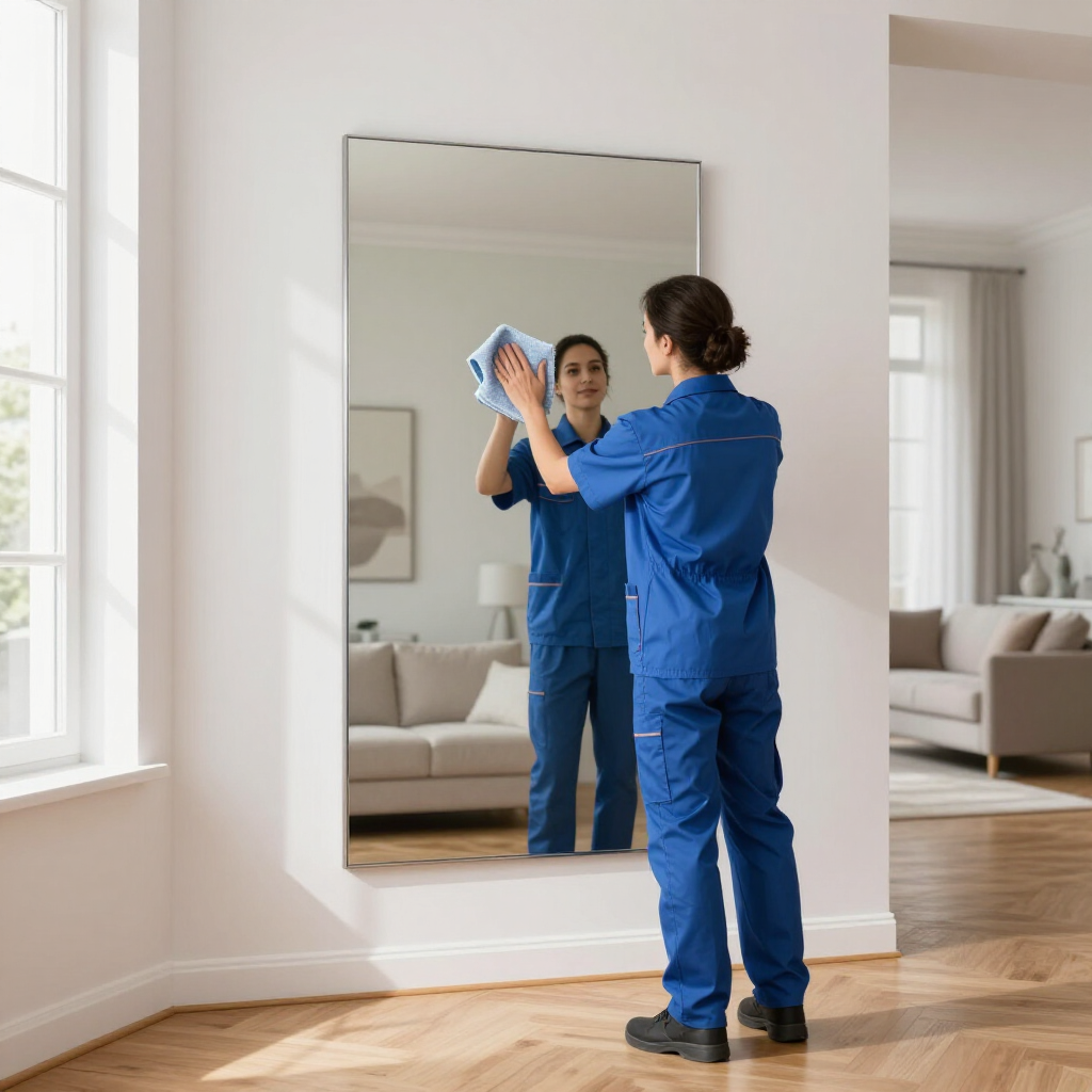 Person in blue workwear cleaning a wall mirror in a bright living room.