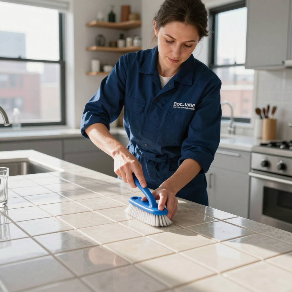 Person scrubbing a white tiled kitchen countertop with a blue brush