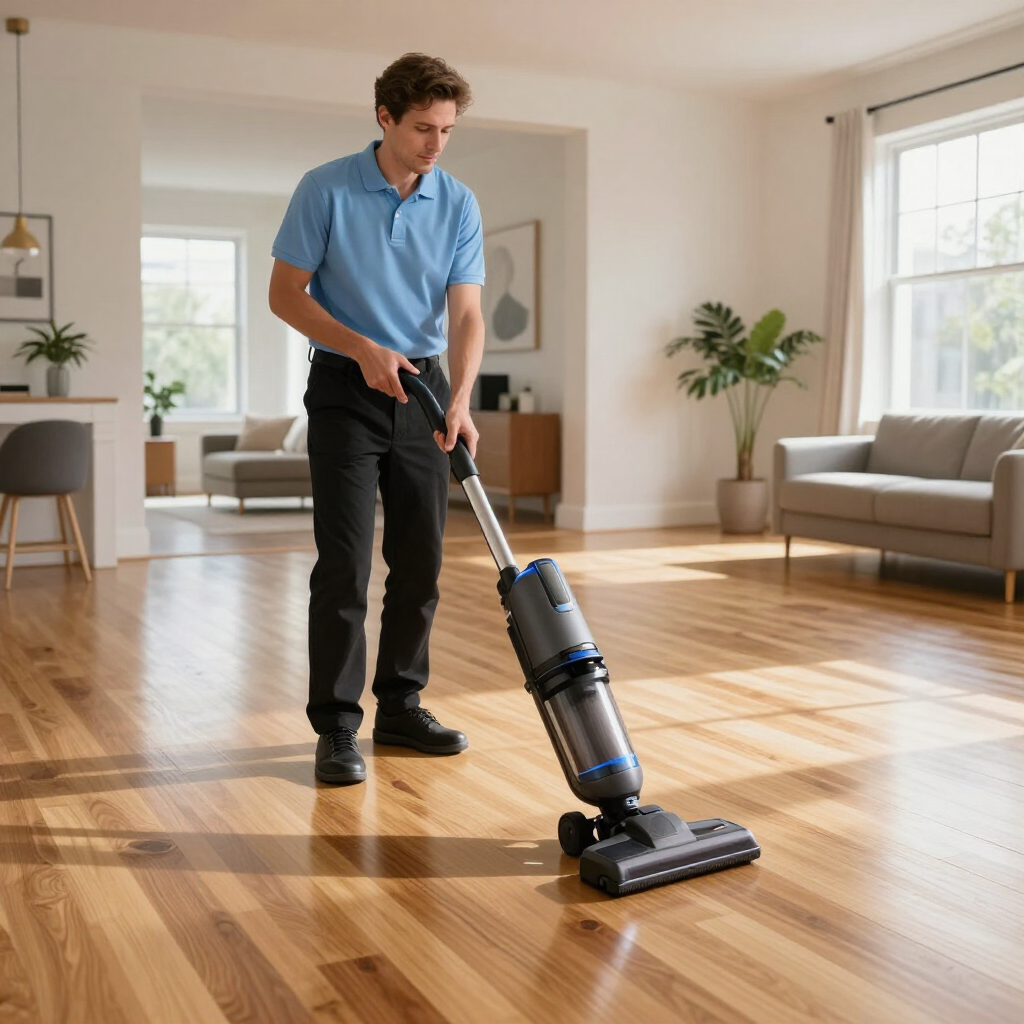 Person vacuuming a sunlit living room with a cordless stick vacuum