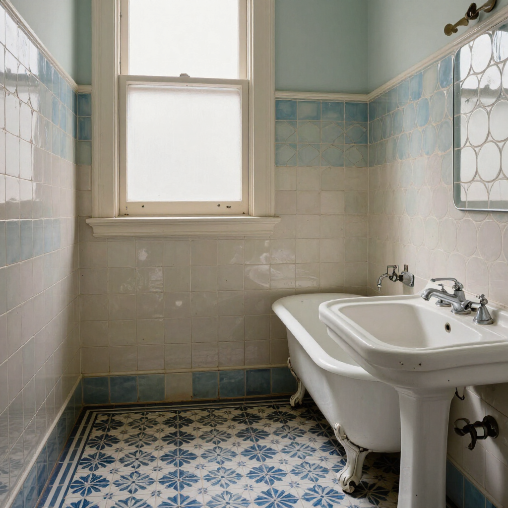 Small tiled bathroom with a sink, window, and blue patterned floor tiles