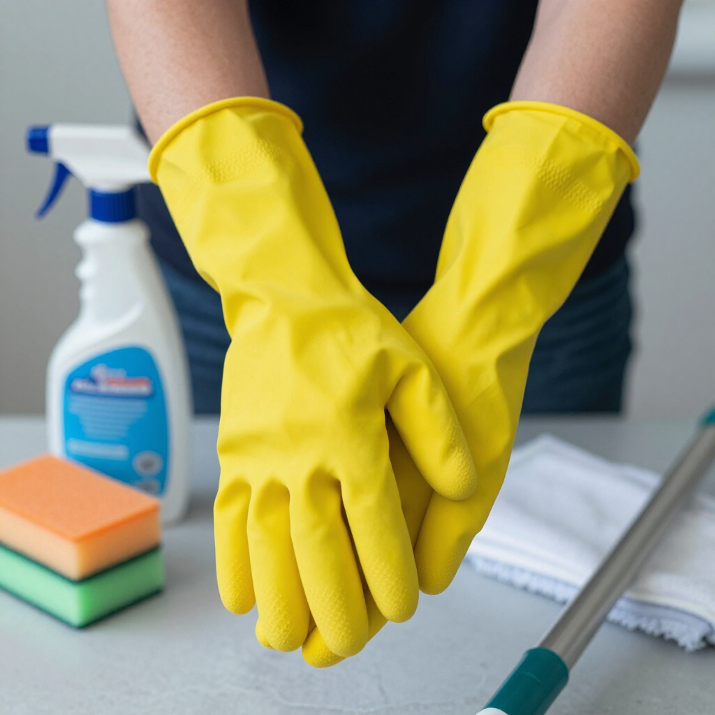 Yellow rubber-gloved hands over cleaning supplies on a table.