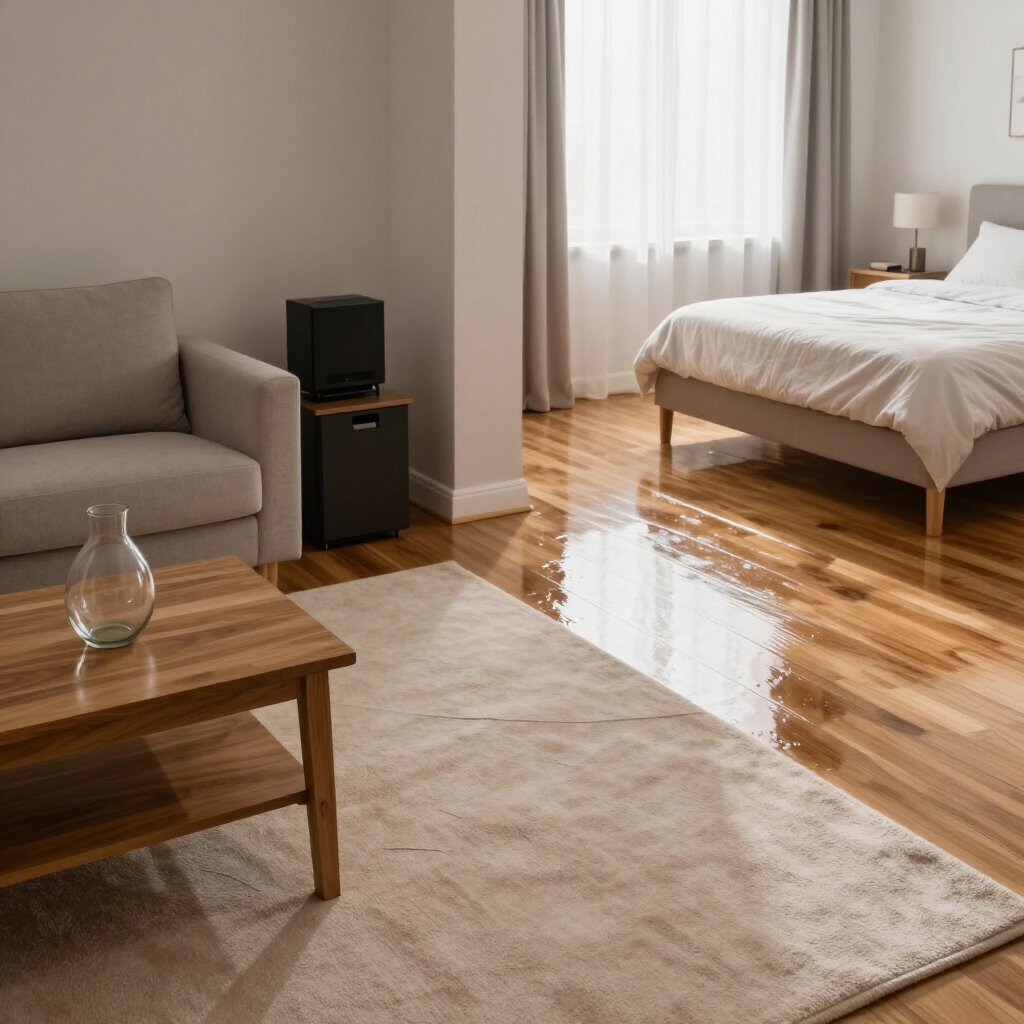 Bright living room with a sofa, wooden coffee table, rug, and a bed by a sunlit window