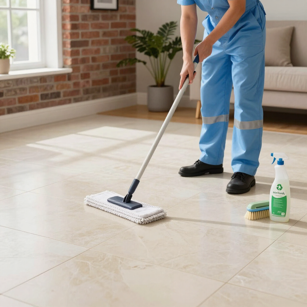 Worker mopping a tiled floor with cleaning supplies in a bright room