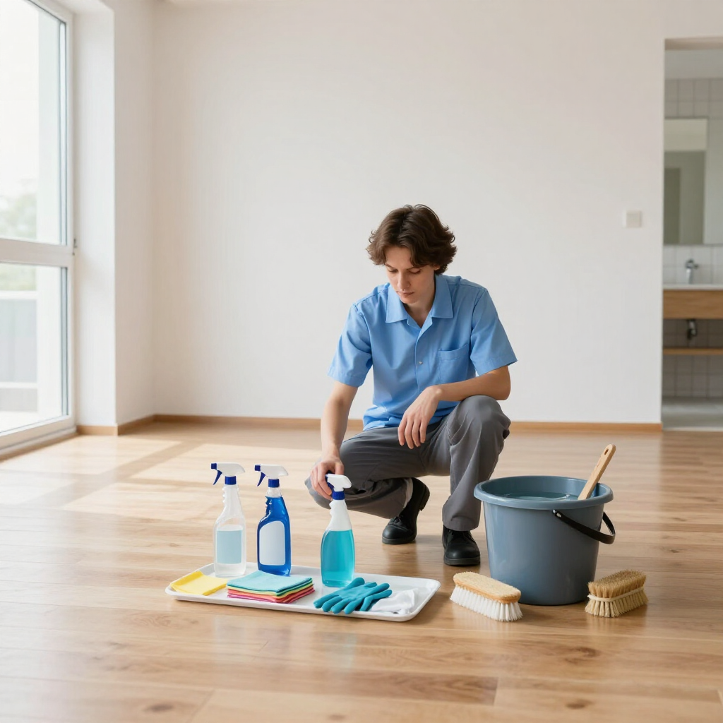 Person kneeling on wooden floor, cleaning supplies and bucket in a bright empty room