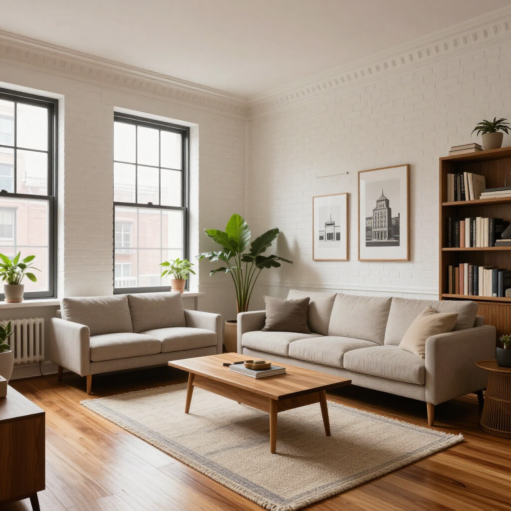 Bright living room with two beige sofas, wooden coffee table, large windows, plants, and framed wall art.