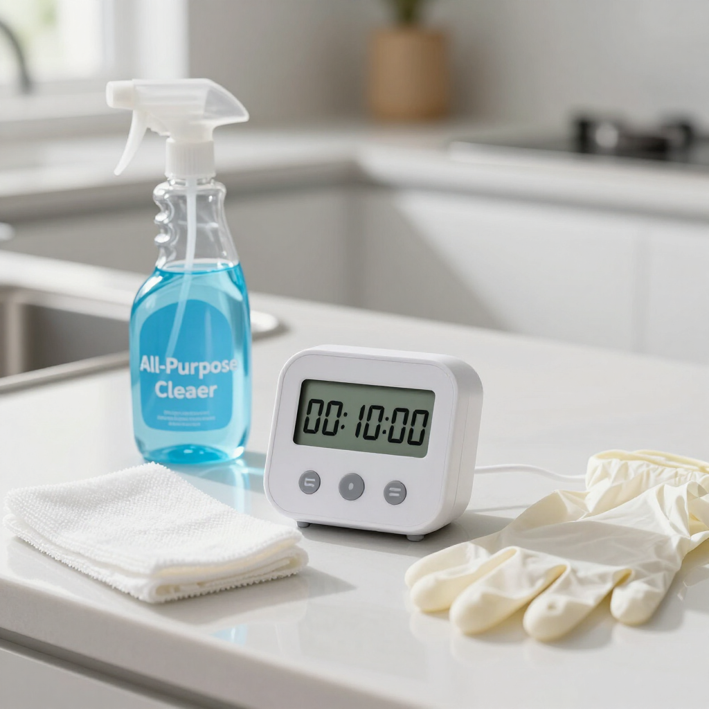 Cleaning spray, folded cloth, gloves, and a small digital timer on a kitchen counter.