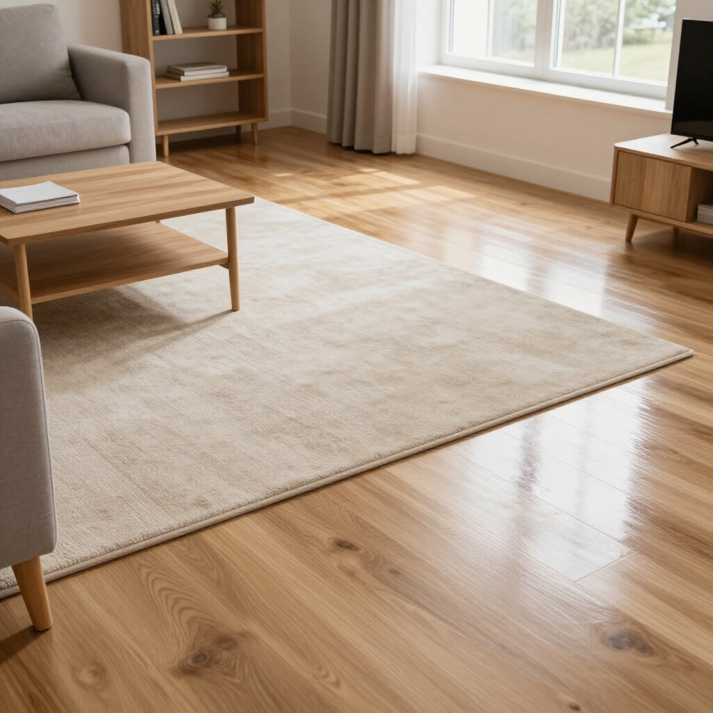Bright living room with beige rug, wooden coffee table, sofa, and sunlight on hardwood floor