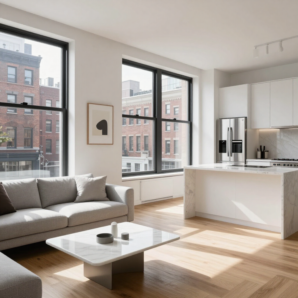 Bright modern apartment living room with sofa, glass coffee table, and kitchen by large windows.
