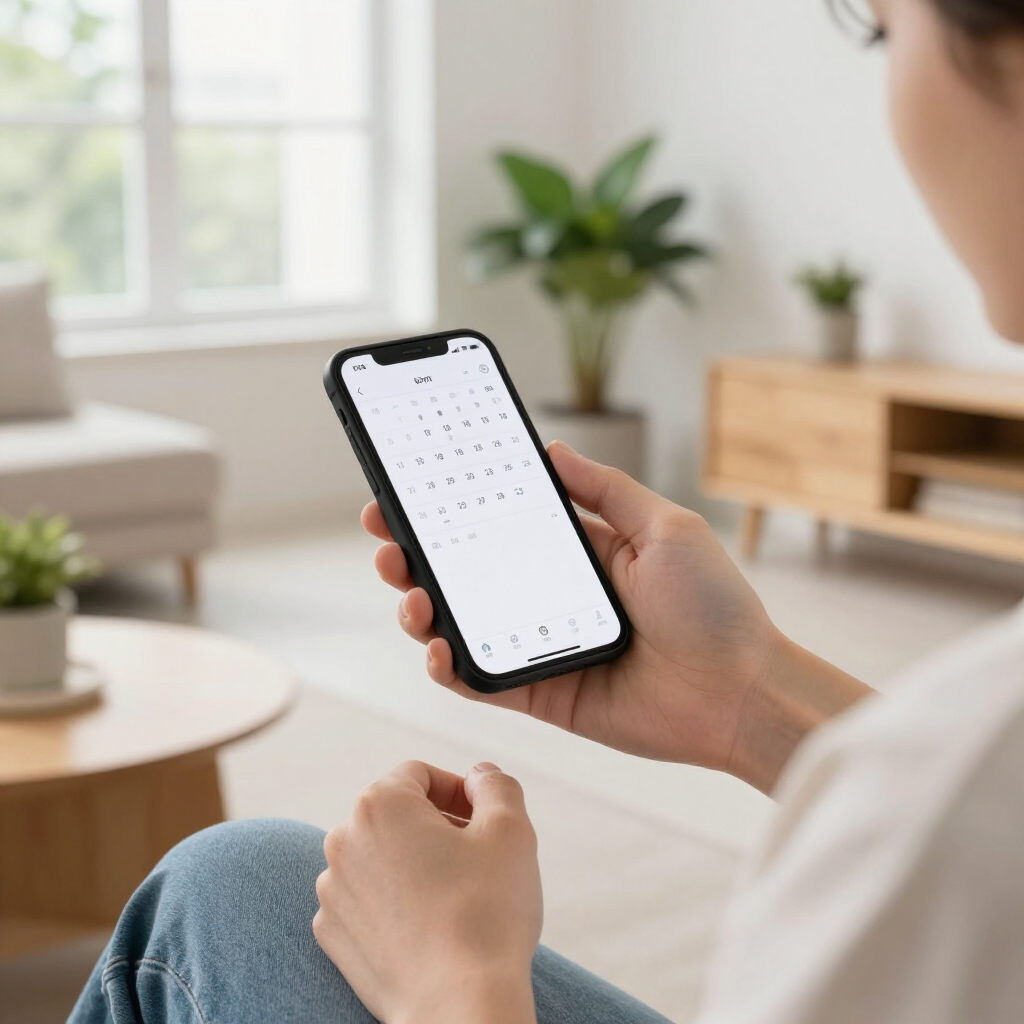Person holding a smartphone with a calendar app in a bright living room