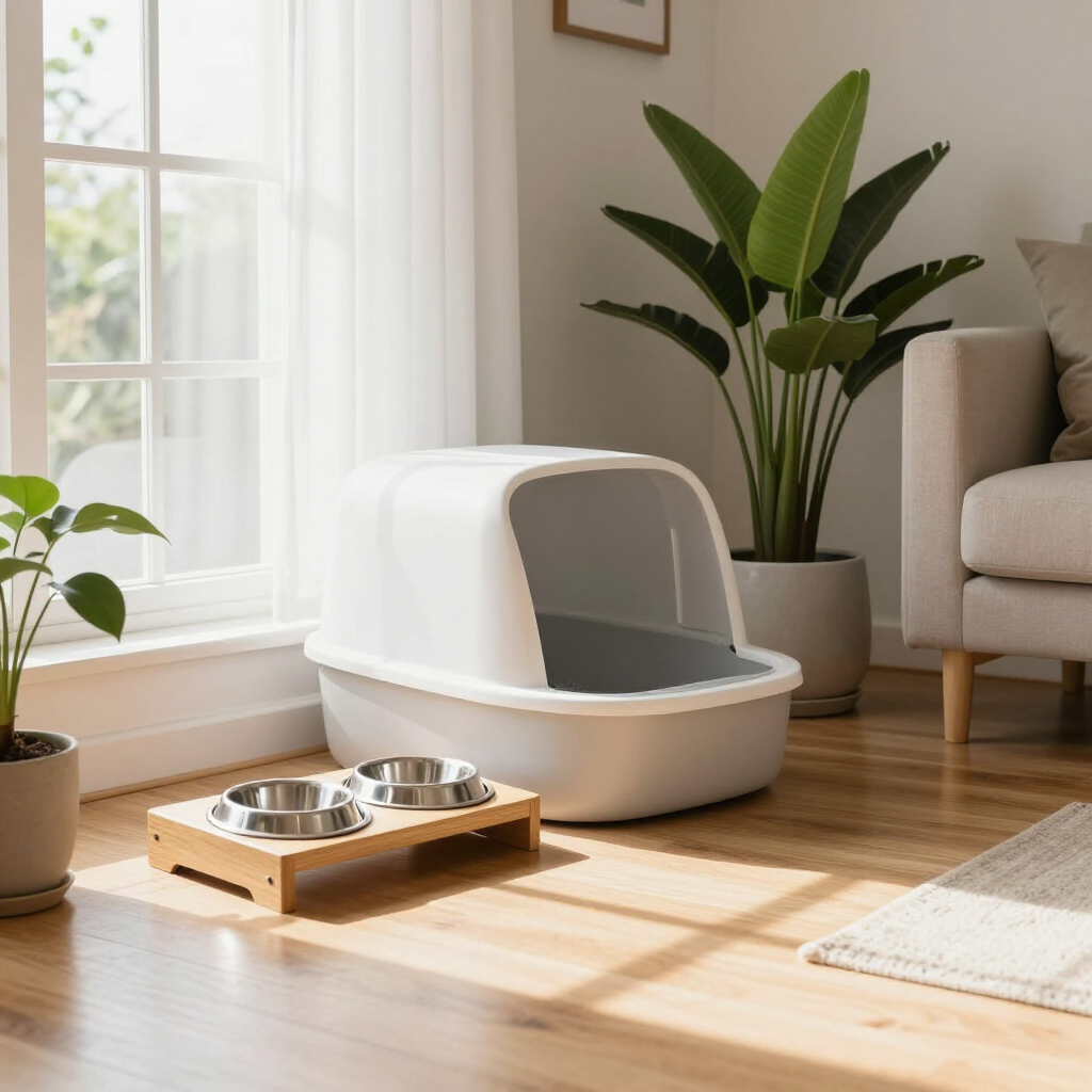 White pet litter box beside a wooden feeder in a sunlit living room with potted plants and a sofa