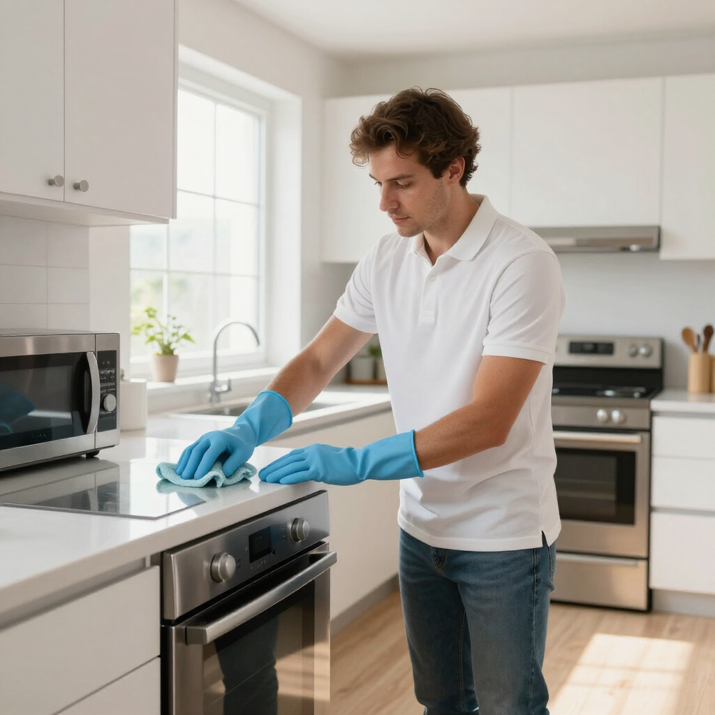 Person in blue gloves cleaning a kitchen countertop beside a stove and microwave.