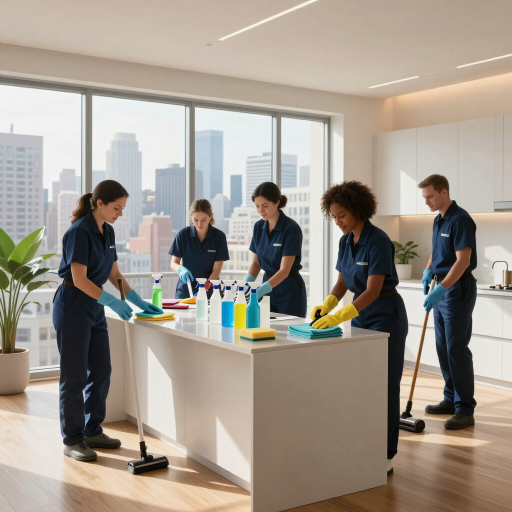 Cleaning crew mopping a bright office with city views, surrounded by supplies and a large table