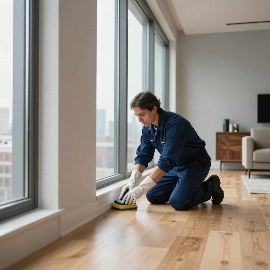 Person kneeling and scrubbing hardwood floor by large windows in a bright living room