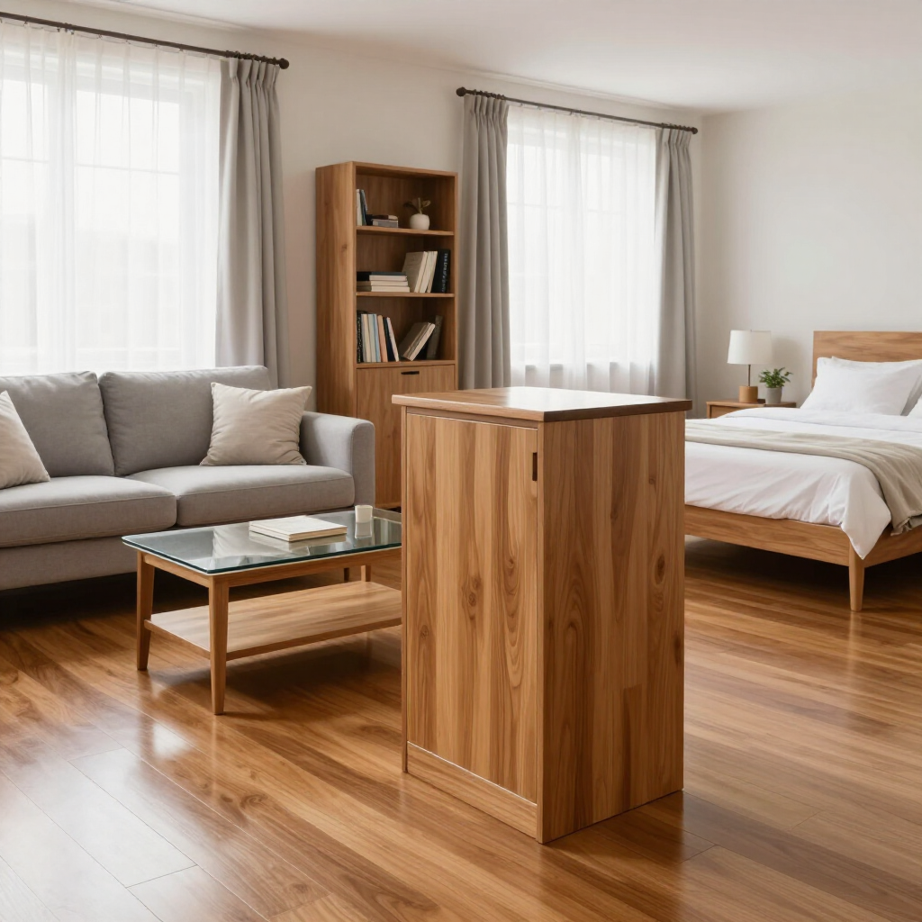 Bright living room with a sofa, coffee table, bookshelf, bed, and a wooden kitchen island in the center
