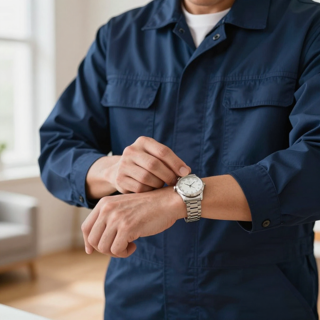 Person in a navy work jacket adjusting a silver wristwatch in a bright indoor room