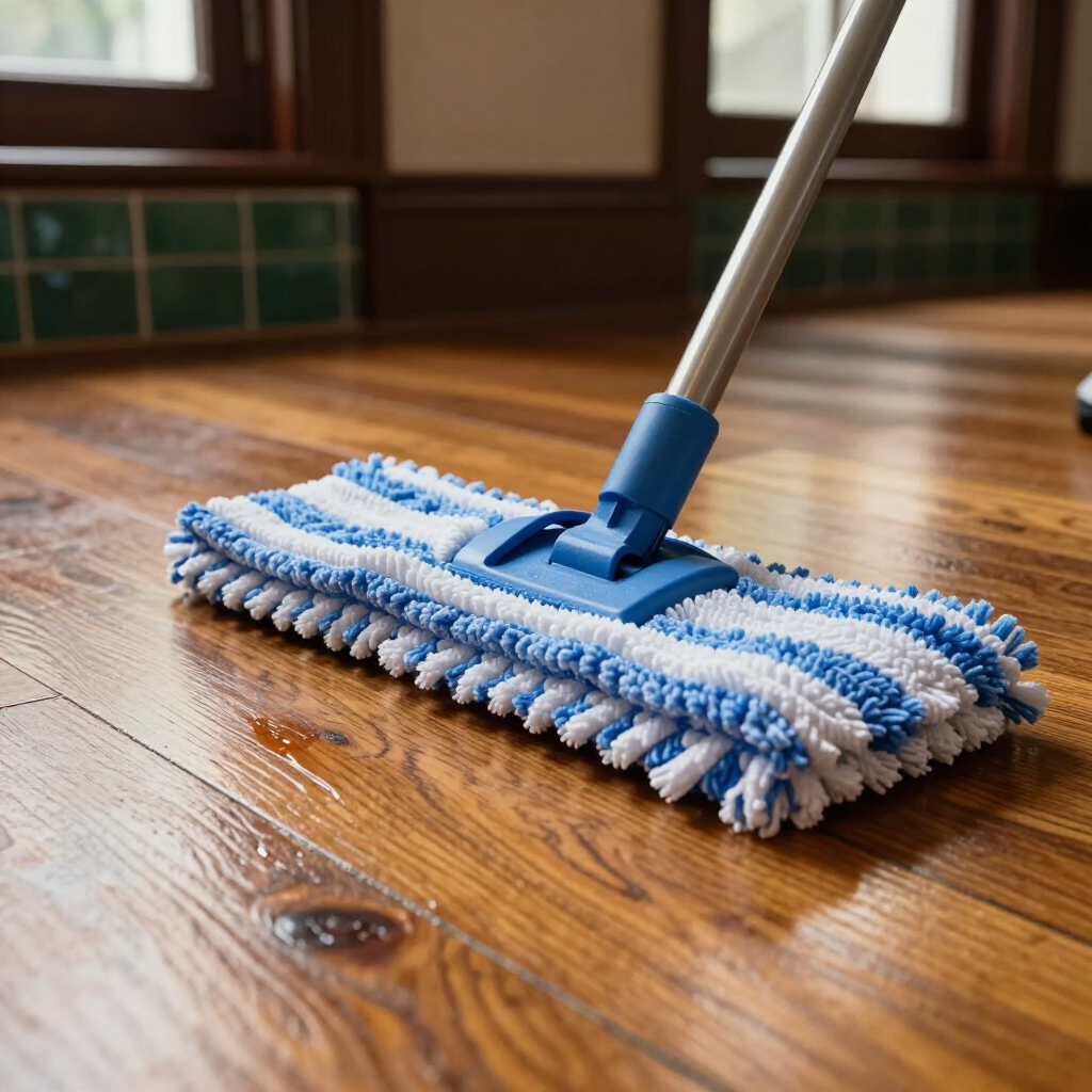 Blue-and-white mop head on a wooden floor in a room