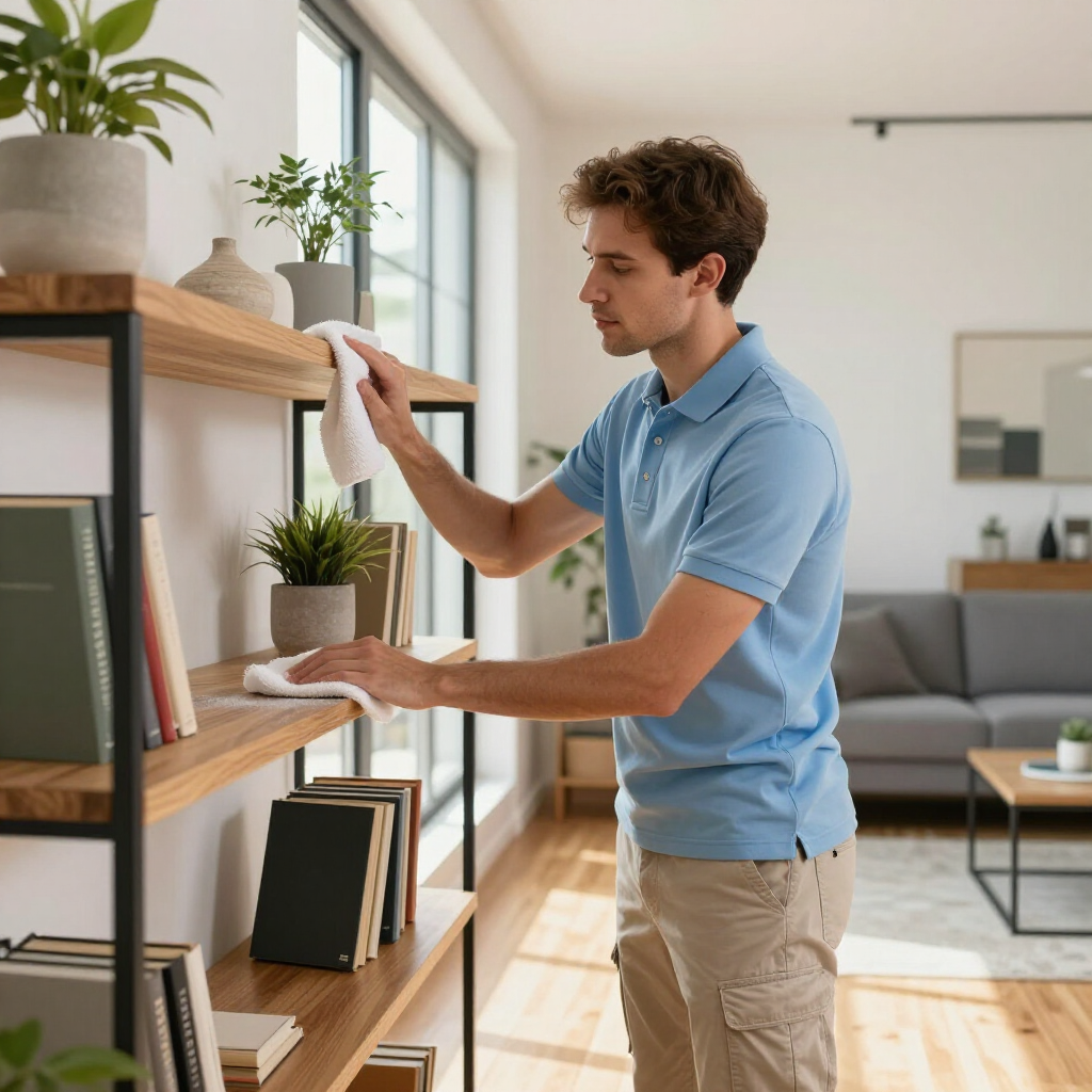 Man arranging books on a wooden shelf in a bright living room with plants and large windows