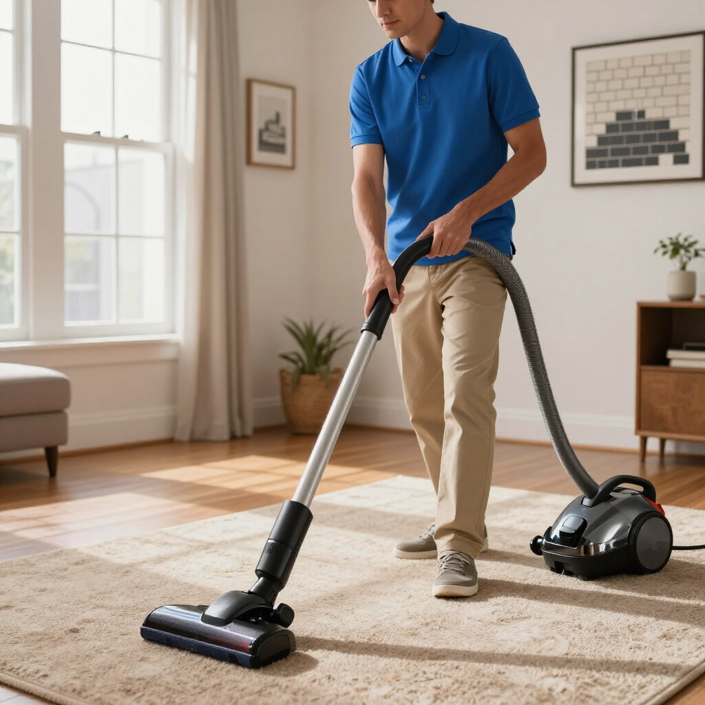 Man vacuuming a sunlit beige carpet with a canister vacuum in a living room