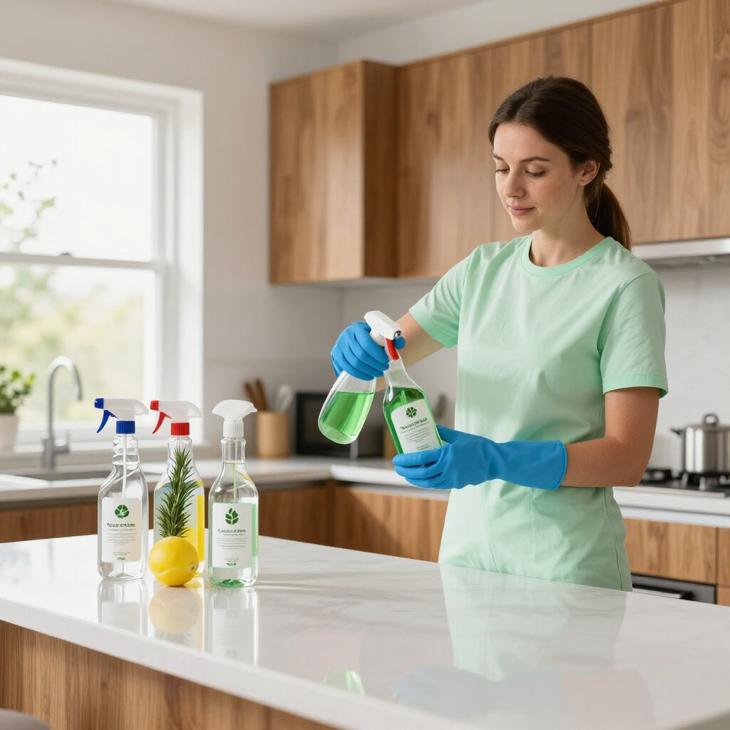 Woman cleaning a kitchen counter with spray bottles and gloves, standing by a bright window and wooden cabinets