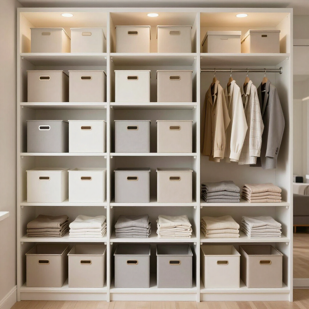 Built-in closet with white storage bins, folded clothes, and hanging neutral-toned shirts