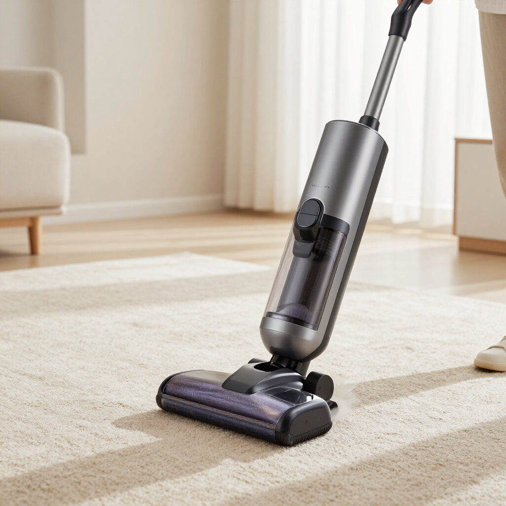 Cordless stick vacuum cleaning a beige carpet in a bright living room