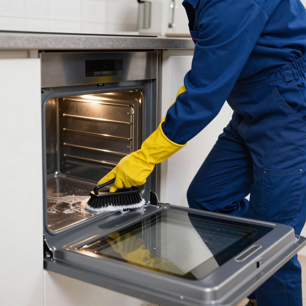 Person in blue uniform and yellow gloves cleaning an open oven in a kitchen